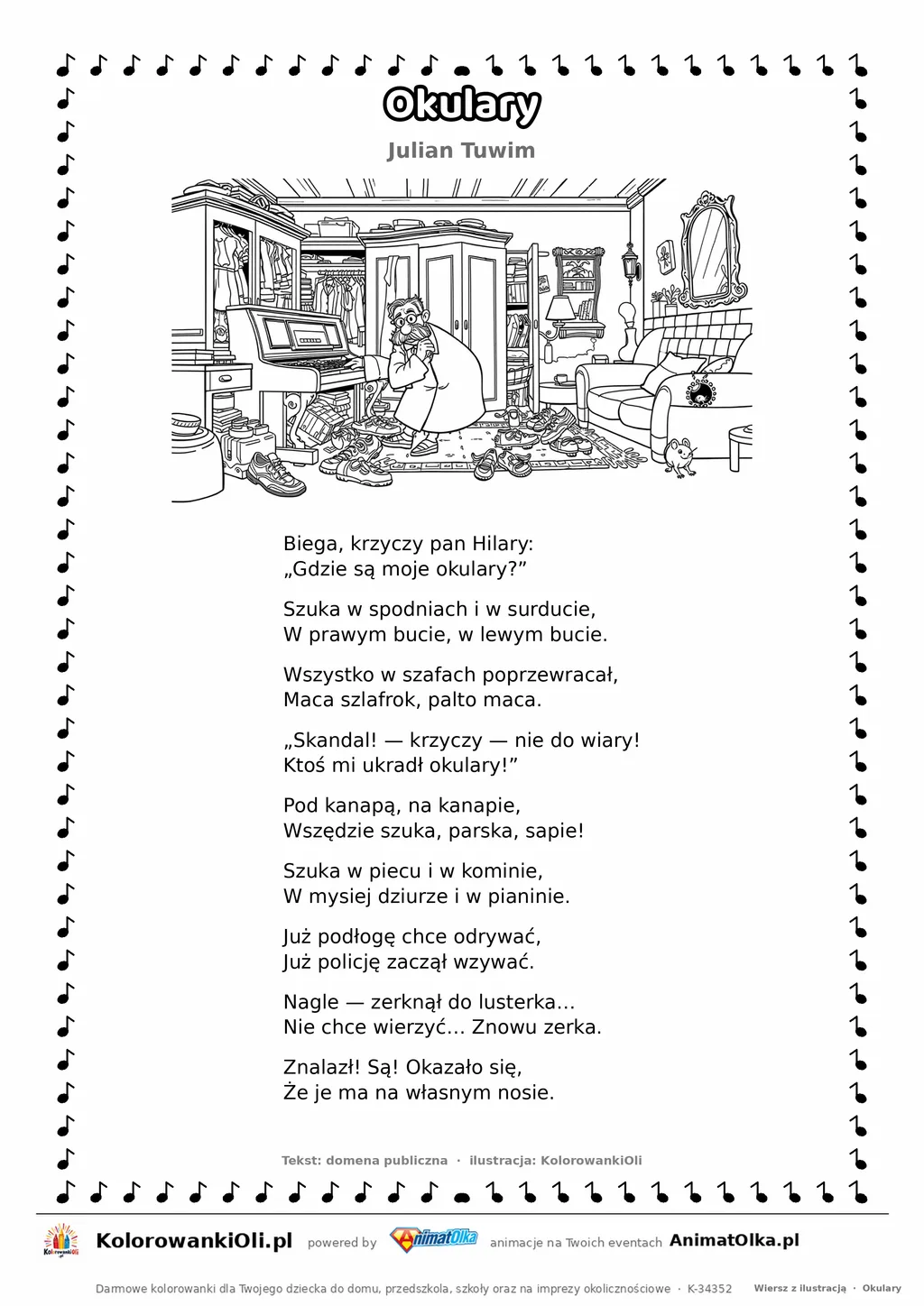 Okulary (Julian Tuwim) — tekst wiersza i ilustracja do kolorowania, karta A4 do druku