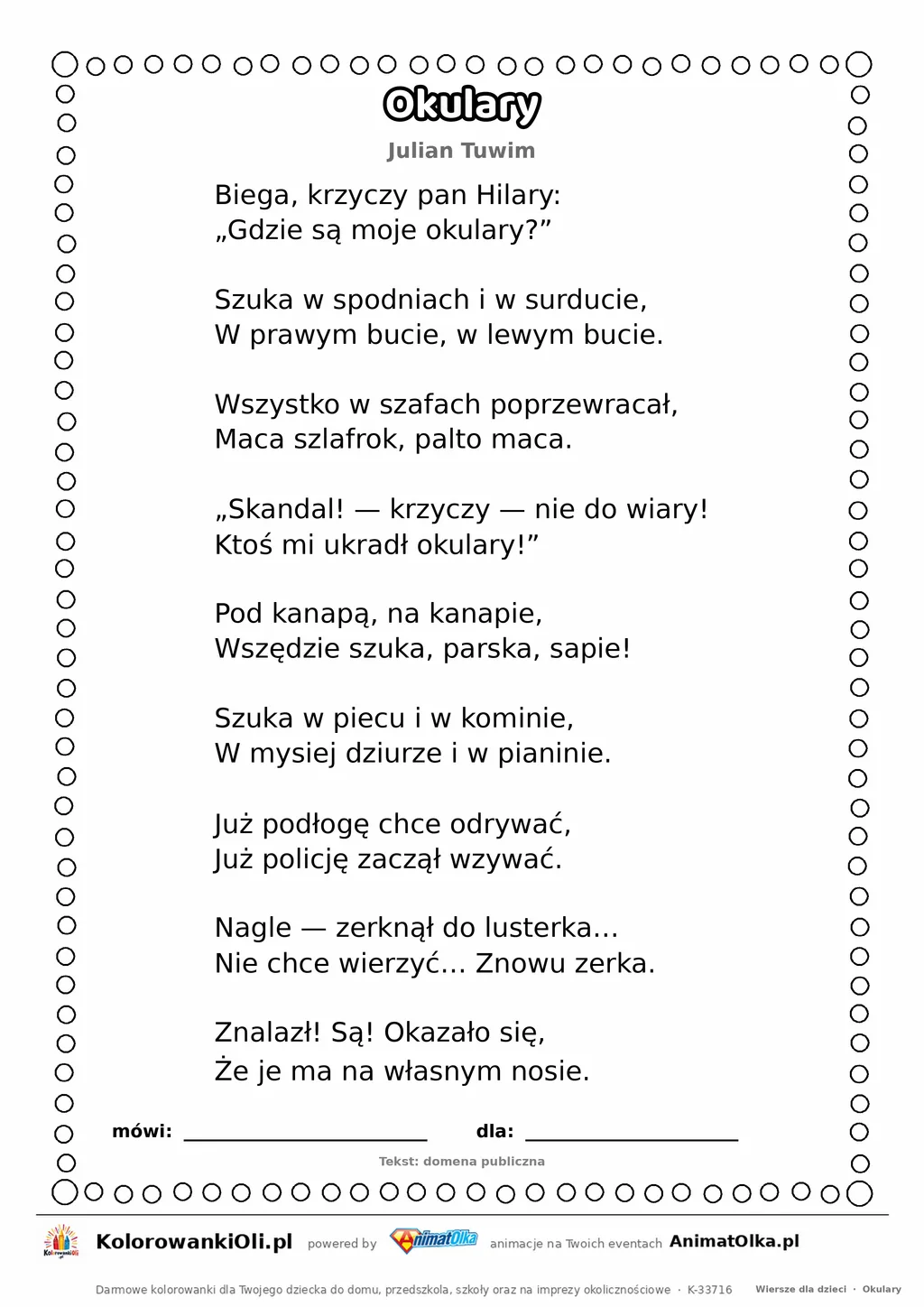 Okulary (Julian Tuwim) — tekst wiersza dla dzieci do druku na A4 z ramką do pokolorowania