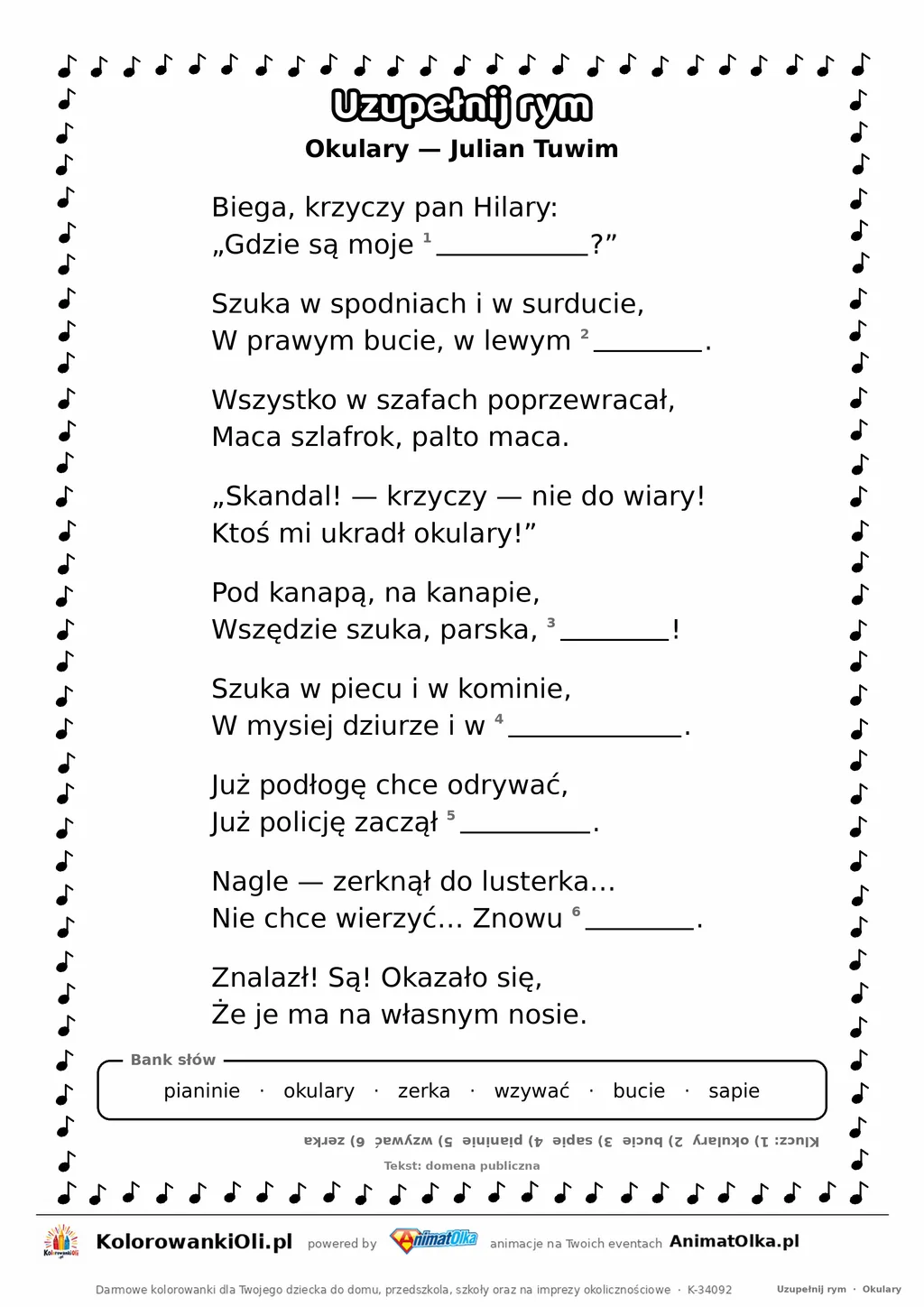 Uzupełnij rym — Okulary (Julian Tuwim): karta pracy z lukami w rymach, A4