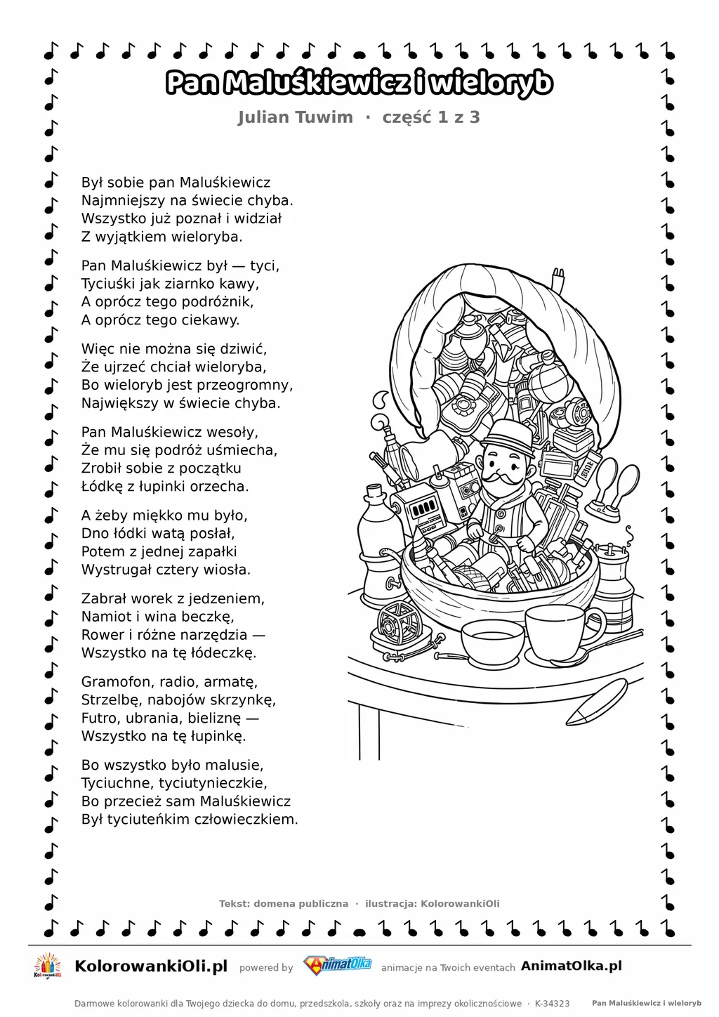 Pan Maluśkiewicz i wieloryb (Julian Tuwim) — tekst wiersza i ilustracja do kolorowania (część 1 z 3), karta A4 do druku