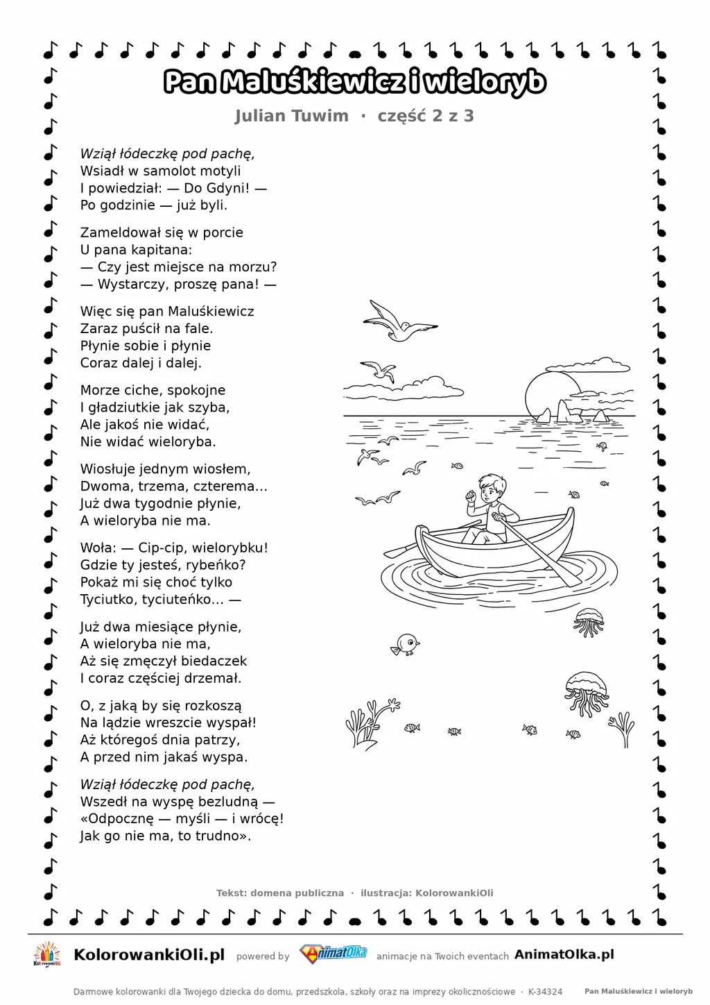 Pan Maluśkiewicz i wieloryb (Julian Tuwim) — tekst wiersza i ilustracja do kolorowania (część 2 z 3), karta A4 do druku