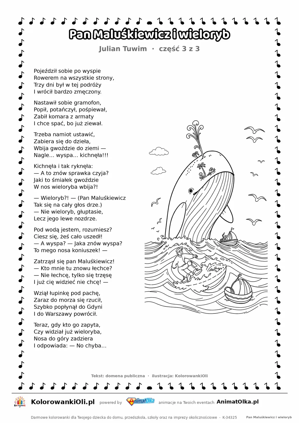 Pan Maluśkiewicz i wieloryb (Julian Tuwim) — tekst wiersza i ilustracja do kolorowania (część 3 z 3), karta A4 do druku