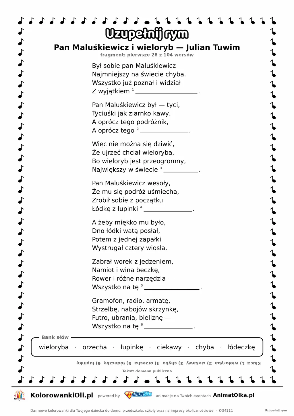 Uzupełnij rym — Pan Maluśkiewicz i wieloryb (Julian Tuwim): karta pracy z lukami w rymach, A4