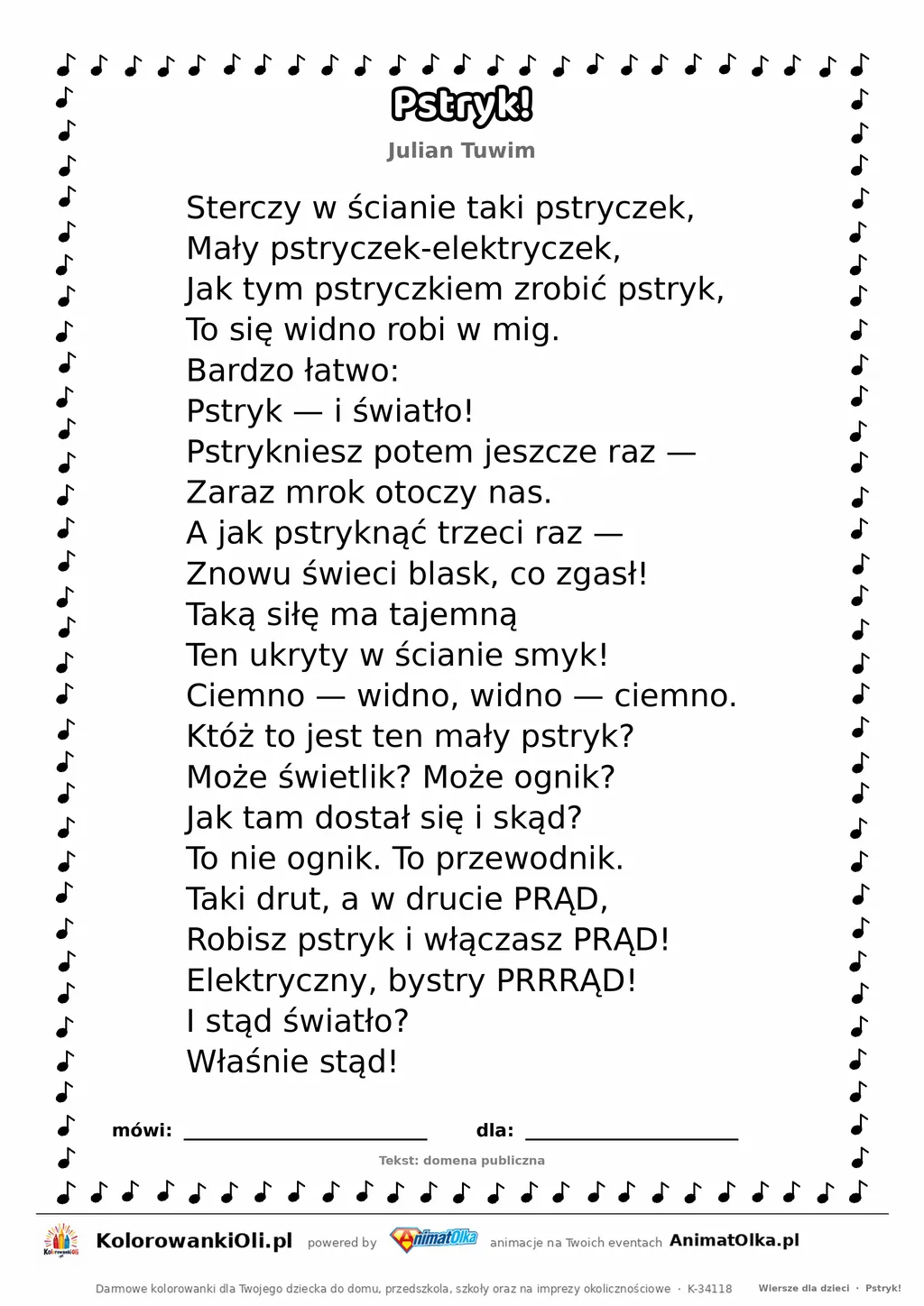 Pstryk! (Julian Tuwim) — tekst wiersza do druku A4 z ramką do pokolorowania