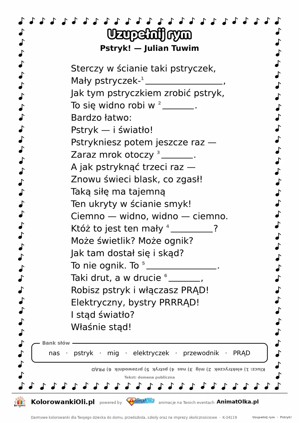 Uzupełnij rym — Pstryk! (Julian Tuwim): karta pracy z lukami w rymach, A4