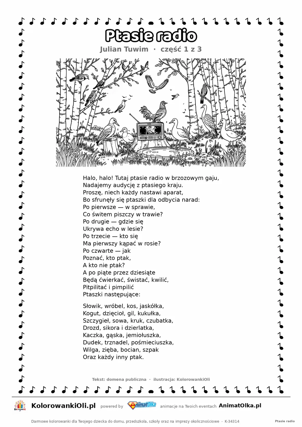 Ptasie radio (Julian Tuwim) — tekst wiersza i ilustracja do kolorowania (część 1 z 3), karta A4 do druku