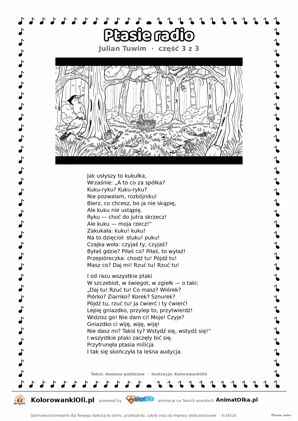 Ptasie radio (Julian Tuwim) — tekst wiersza i ilustracja do kolorowania (część 3 z 3), karta A4 do druku