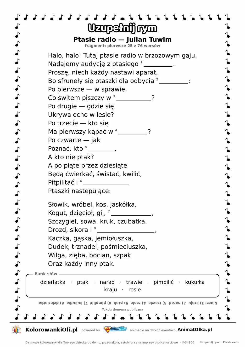 Uzupełnij rym — Ptasie radio (Julian Tuwim): karta pracy z lukami w rymach, A4