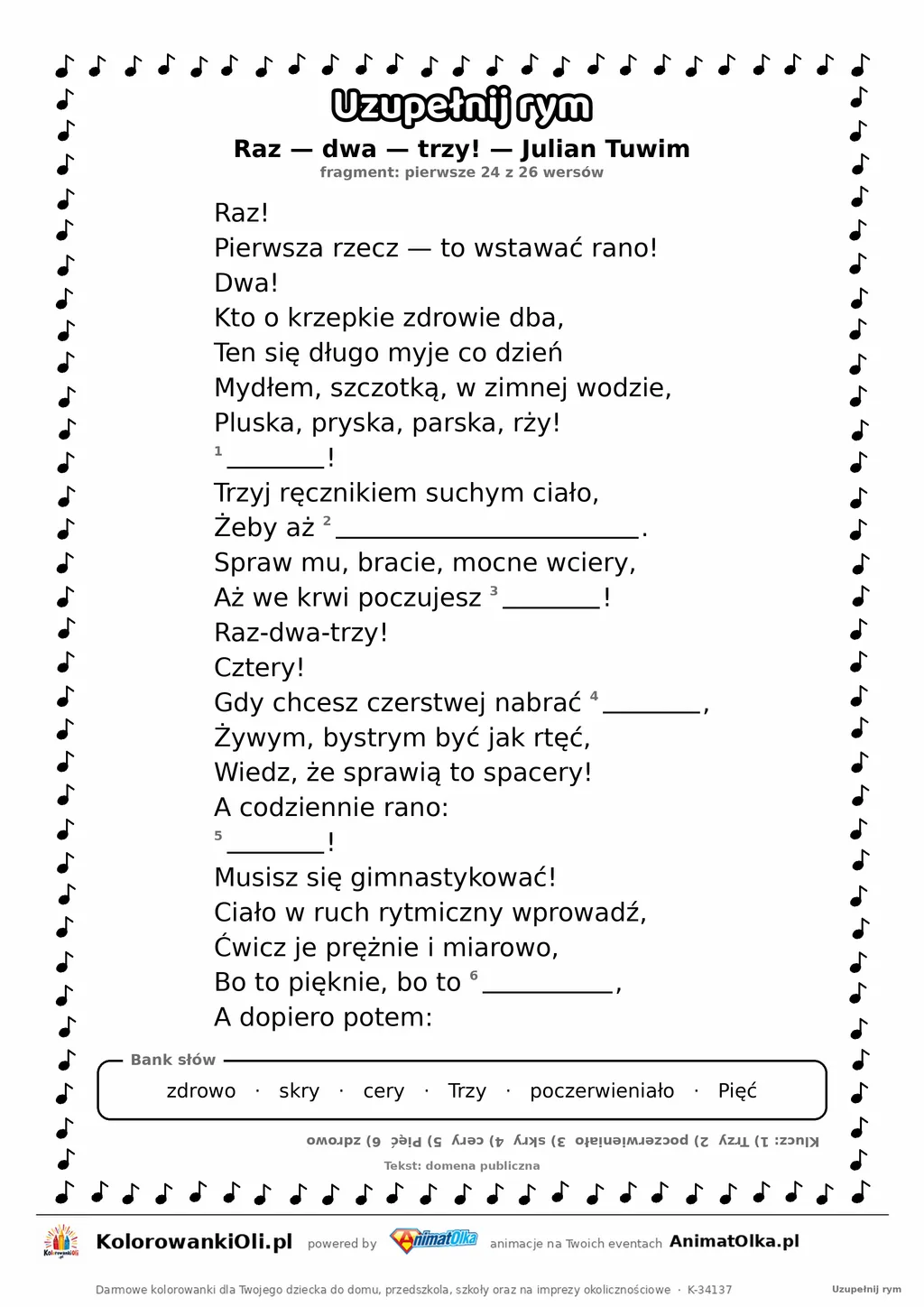 Uzupełnij rym — Raz — dwa — trzy! (Julian Tuwim): karta pracy z lukami w rymach, A4