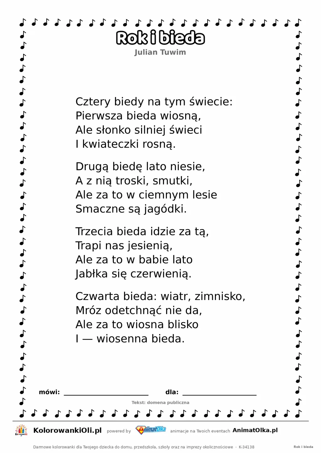 Rok i bieda (Julian Tuwim) — tekst wiersza do druku A4 z ramką do pokolorowania