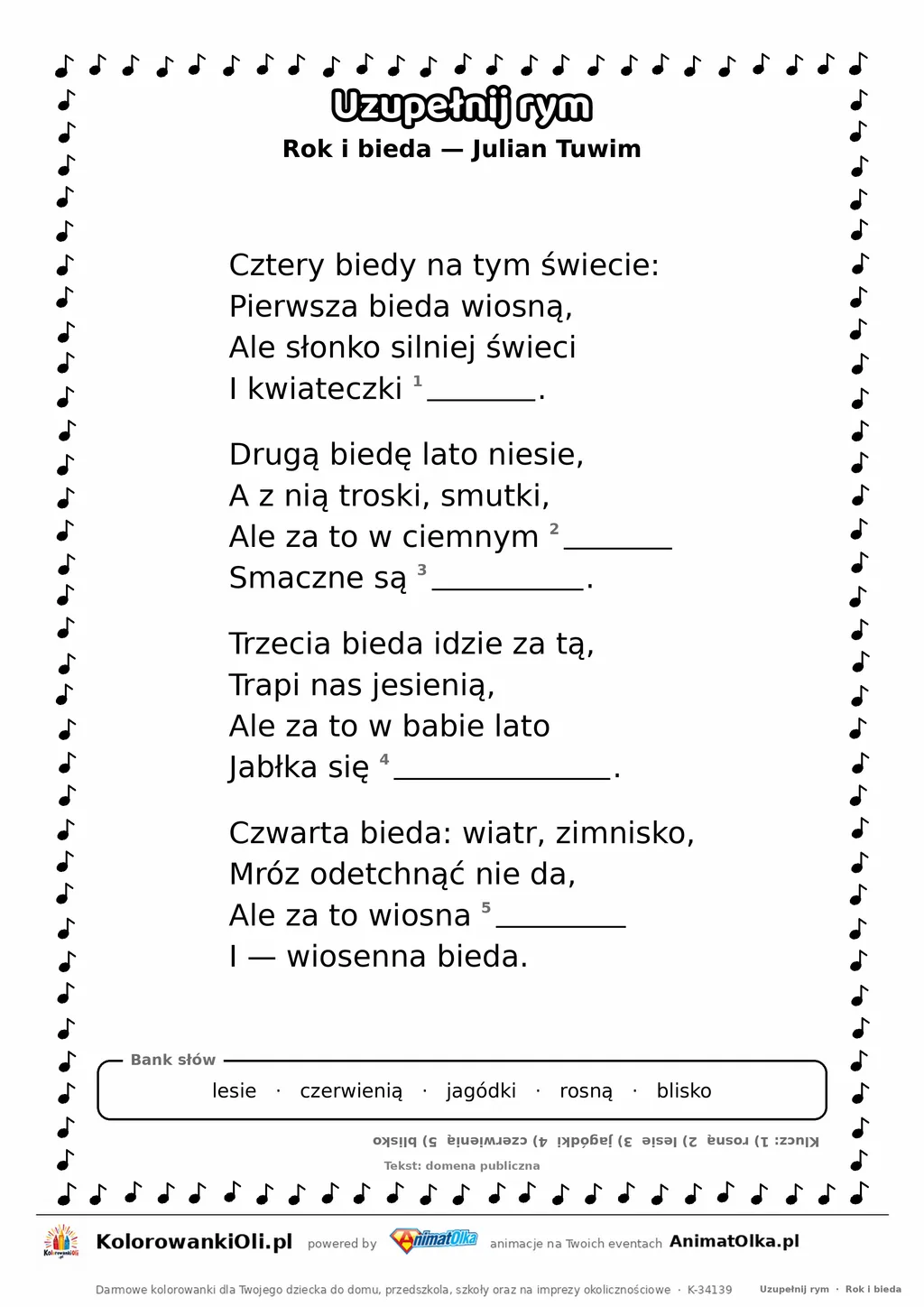 Uzupełnij rym — Rok i bieda (Julian Tuwim): karta pracy z lukami w rymach, A4