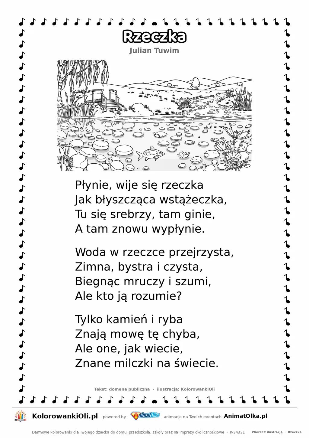 Rzeczka (Julian Tuwim) — tekst wiersza i ilustracja do kolorowania, karta A4 do druku