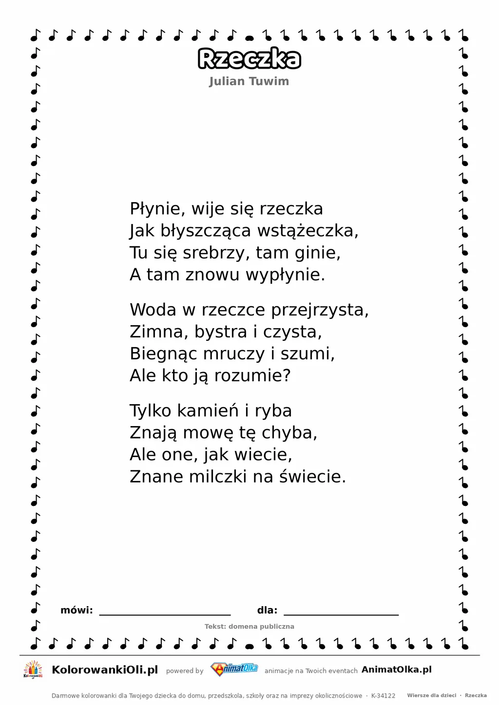 Rzeczka (Julian Tuwim) — tekst wiersza do druku A4 z ramką do pokolorowania