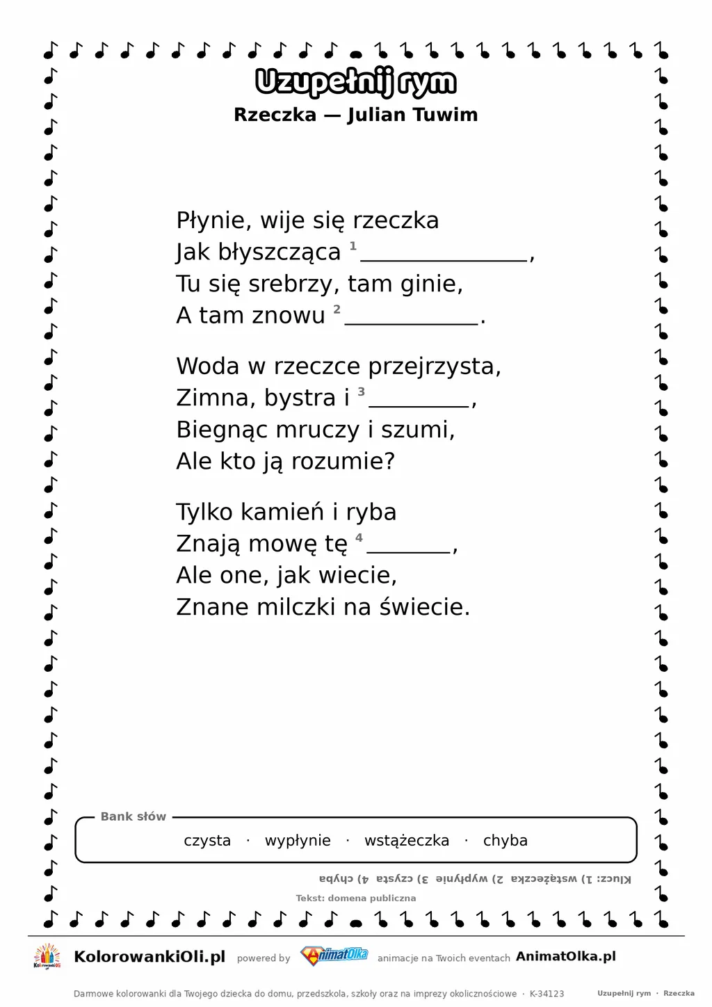 Uzupełnij rym — Rzeczka (Julian Tuwim): karta pracy z lukami w rymach, A4