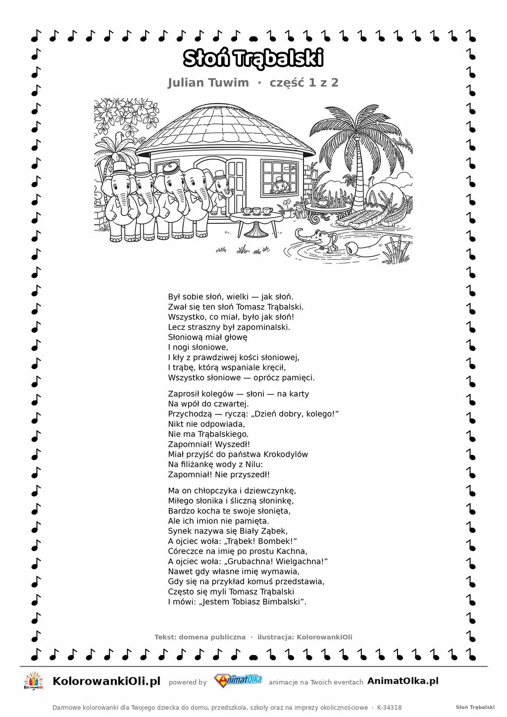 Słoń Trąbalski (Julian Tuwim) — tekst wiersza i ilustracja do kolorowania (część 1 z 2), karta A4 do druku