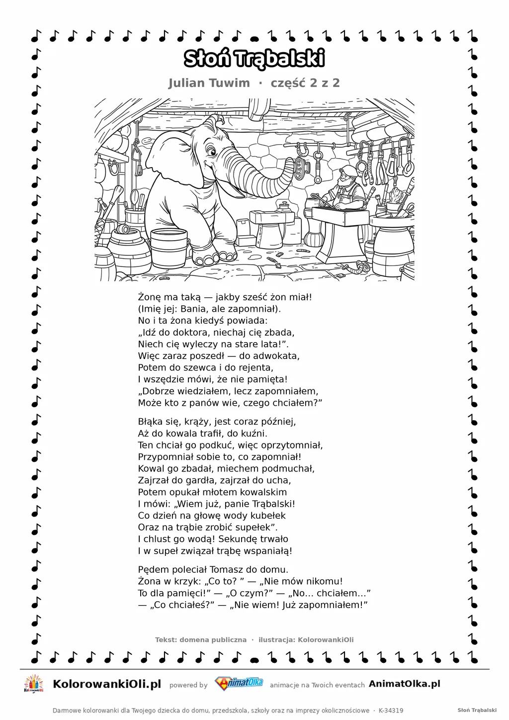 Słoń Trąbalski (Julian Tuwim) — tekst wiersza i ilustracja do kolorowania (część 2 z 2), karta A4 do druku