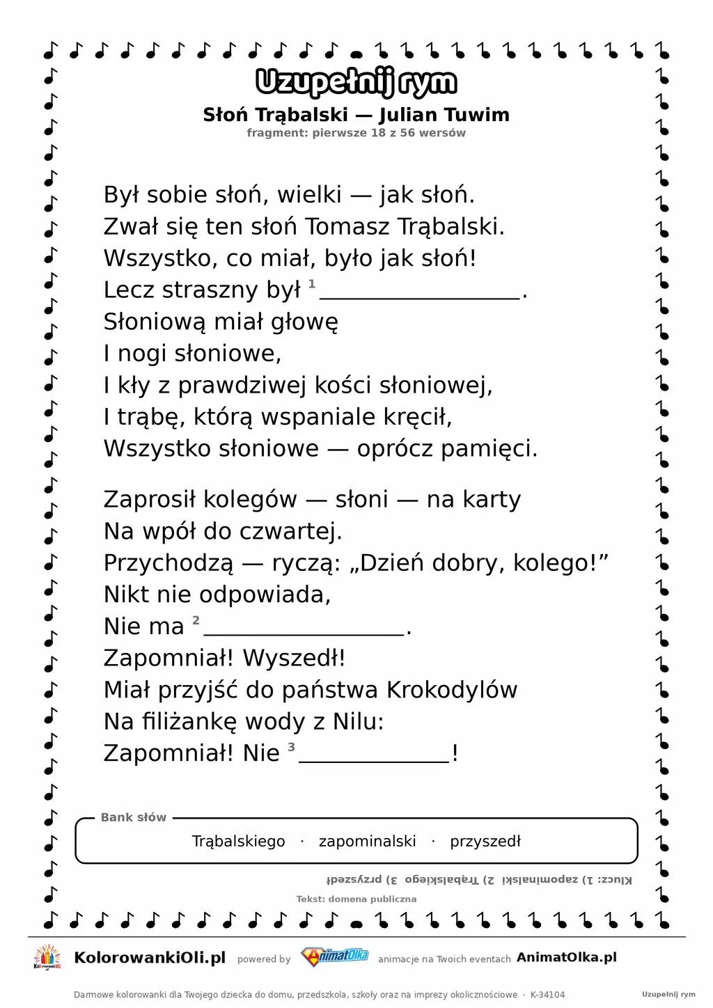 Uzupełnij rym — Słoń Trąbalski (Julian Tuwim): karta pracy z lukami w rymach, A4