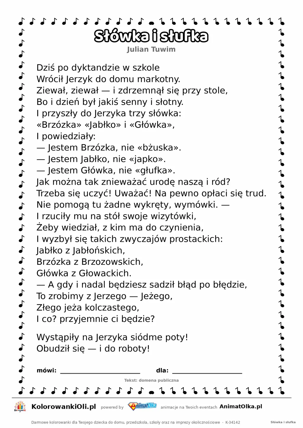 Słówka i słufka (Julian Tuwim) — tekst wiersza do druku A4 z ramką do pokolorowania