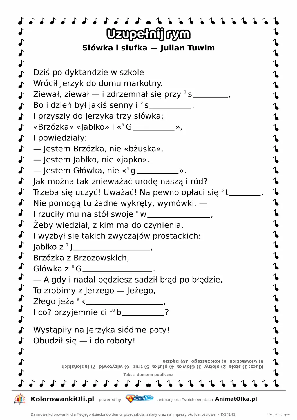 Uzupełnij rym — Słówka i słufka (Julian Tuwim): karta pracy z lukami w rymach, A4