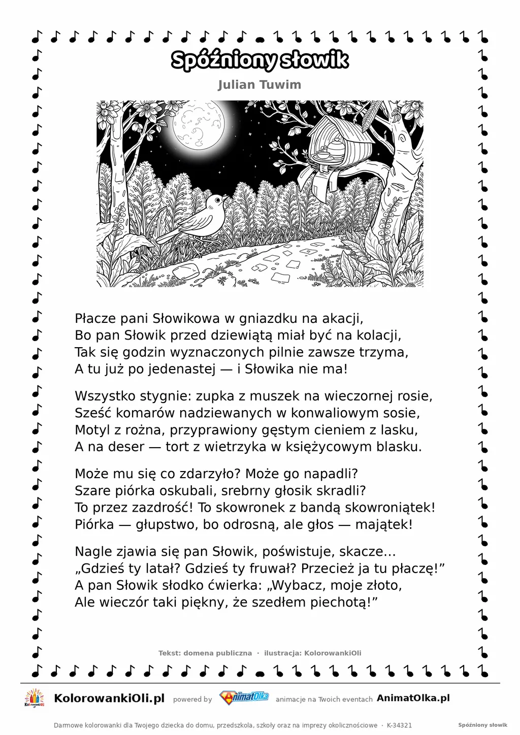 Spóźniony słowik (Julian Tuwim) — tekst wiersza i ilustracja do kolorowania, karta A4 do druku