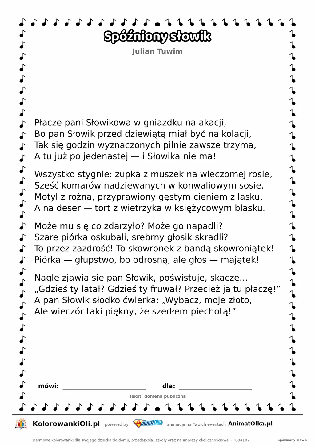 Spóźniony słowik (Julian Tuwim) — tekst wiersza do druku A4 z ramką do pokolorowania
