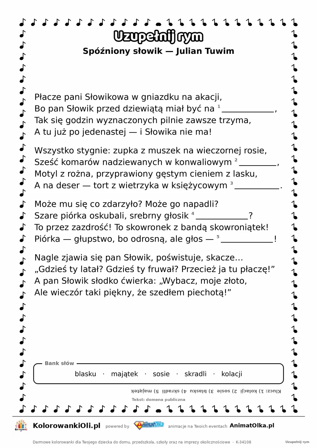 Uzupełnij rym — Spóźniony słowik (Julian Tuwim): karta pracy z lukami w rymach, A4