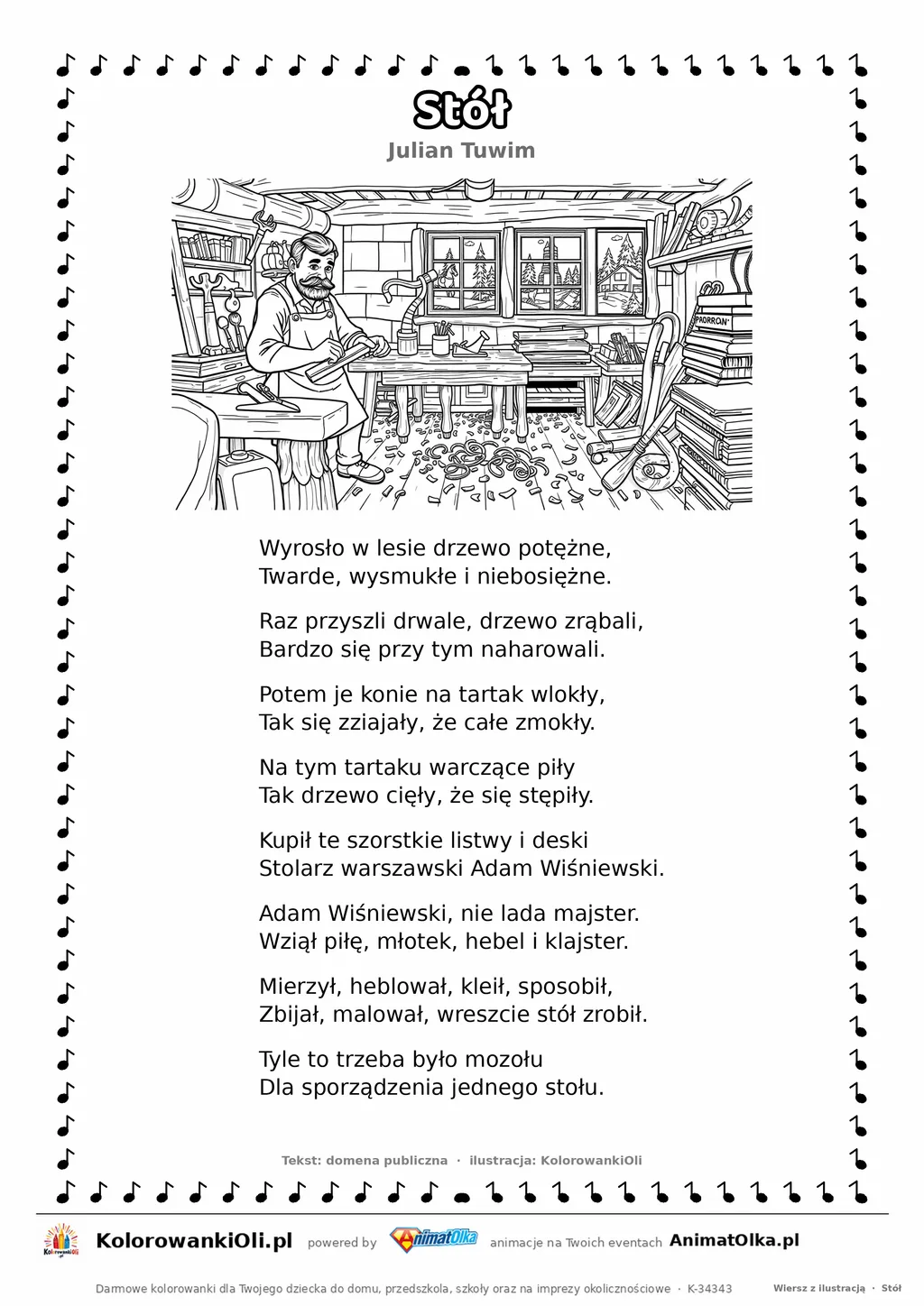 Stół (Julian Tuwim) — tekst wiersza i ilustracja do kolorowania, karta A4 do druku