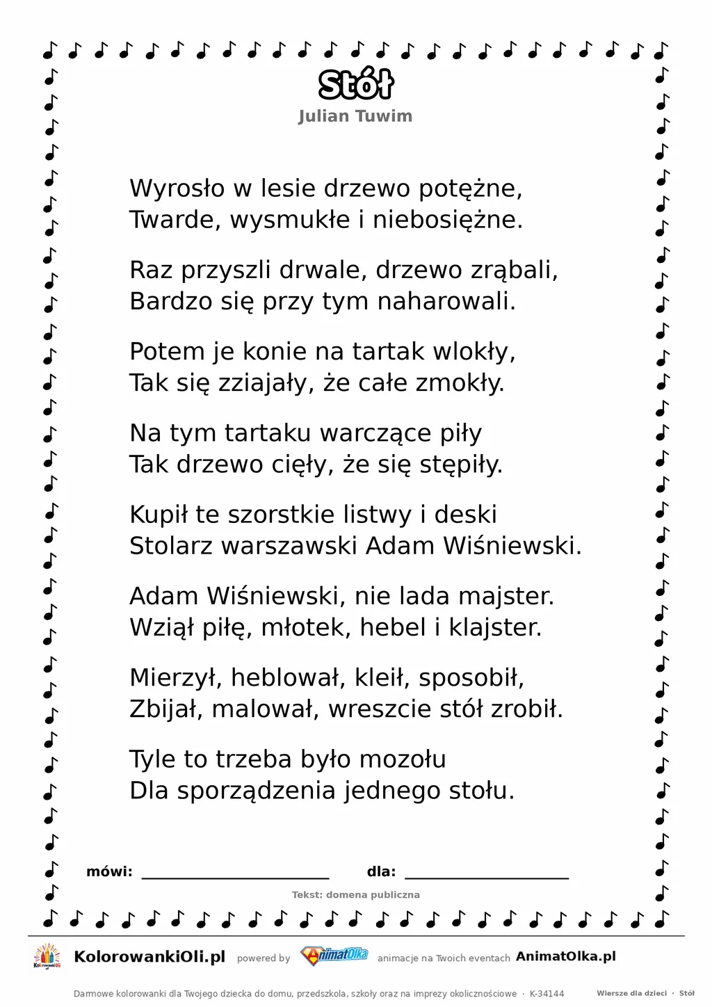 Stół (Julian Tuwim) — tekst wiersza do druku A4 z ramką do pokolorowania