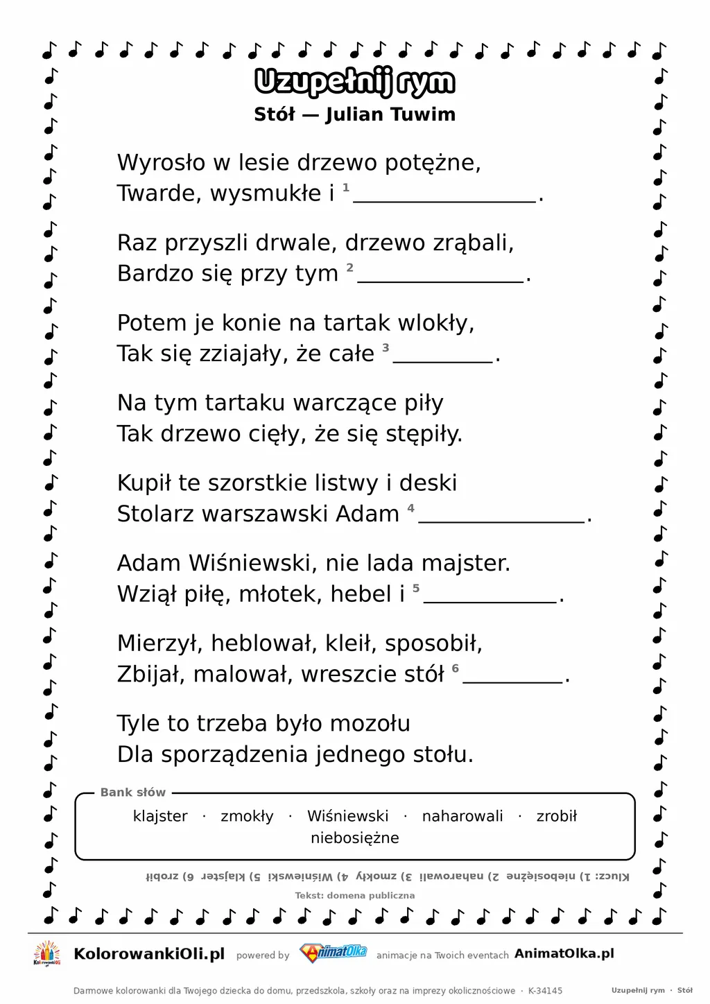 Uzupełnij rym — Stół (Julian Tuwim): karta pracy z lukami w rymach, A4
