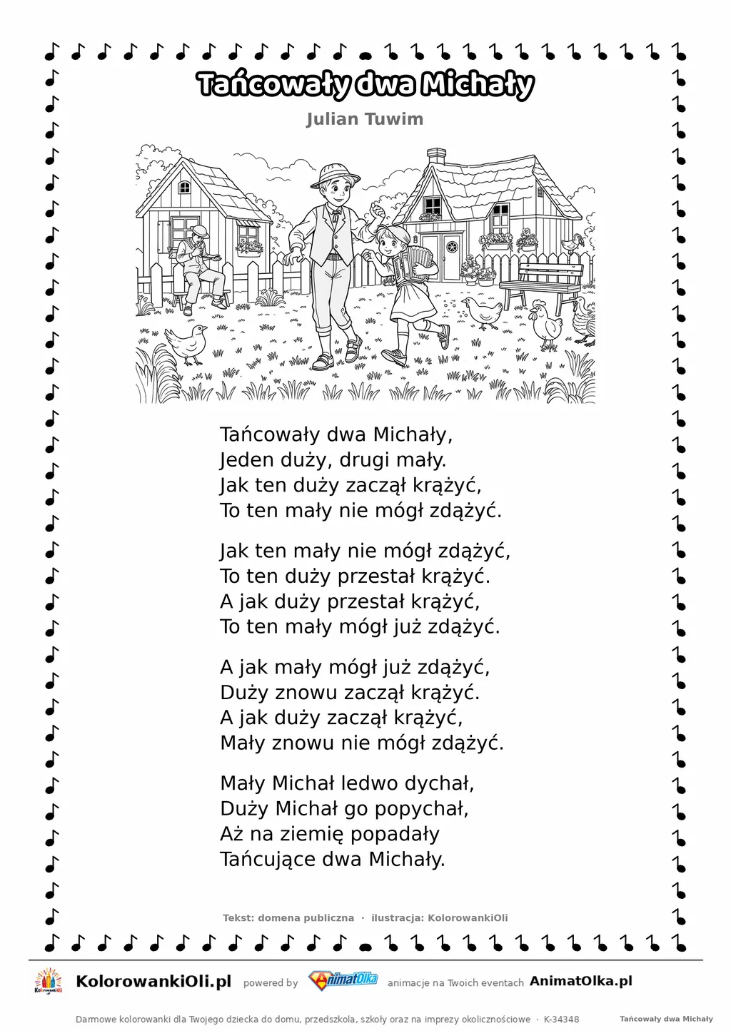 Tańcowały dwa Michały (Julian Tuwim) — tekst wiersza i ilustracja do kolorowania, karta A4 do druku