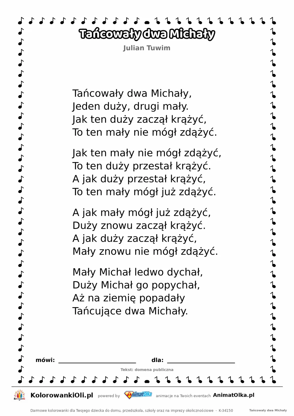 Tańcowały dwa Michały (Julian Tuwim) — tekst wiersza do druku A4 z ramką do pokolorowania