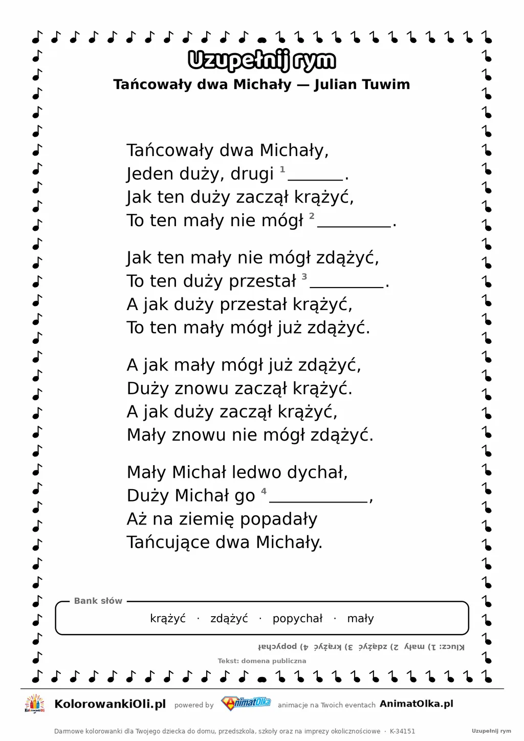 Uzupełnij rym — Tańcowały dwa Michały (Julian Tuwim): karta pracy z lukami w rymach, A4