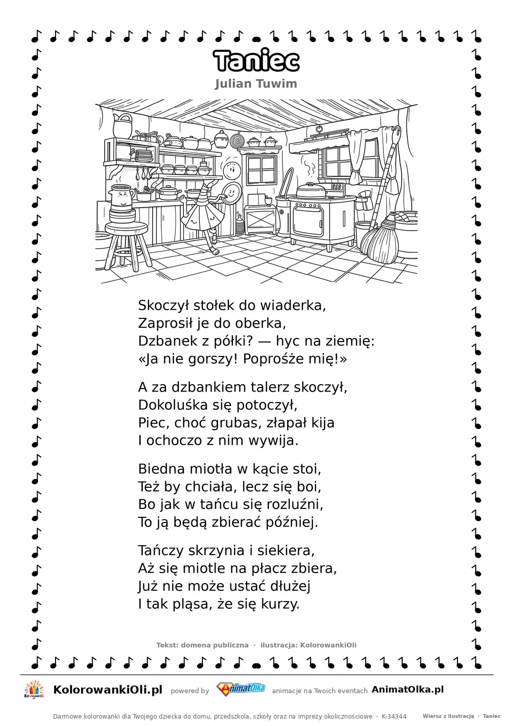 Taniec (Julian Tuwim) — tekst wiersza i ilustracja do kolorowania, karta A4 do druku