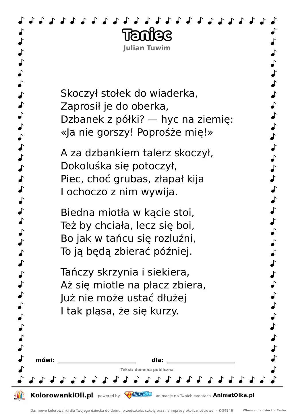 Taniec (Julian Tuwim) — tekst wiersza do druku A4 z ramką do pokolorowania