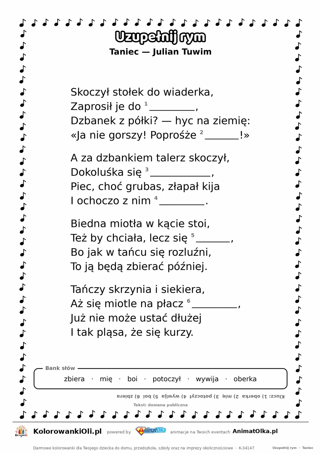 Uzupełnij rym — Taniec (Julian Tuwim): karta pracy z lukami w rymach, A4