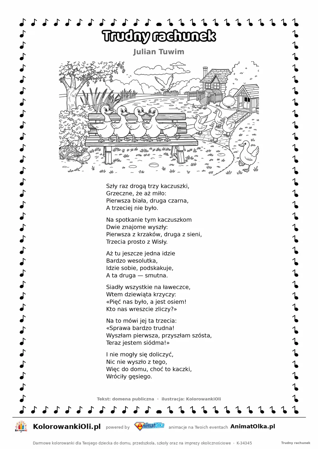 Trudny rachunek (Julian Tuwim) — tekst wiersza i ilustracja do kolorowania, karta A4 do druku