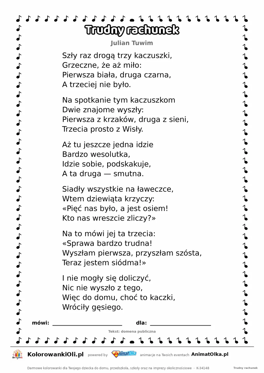Trudny rachunek (Julian Tuwim) — tekst wiersza do druku A4 z ramką do pokolorowania