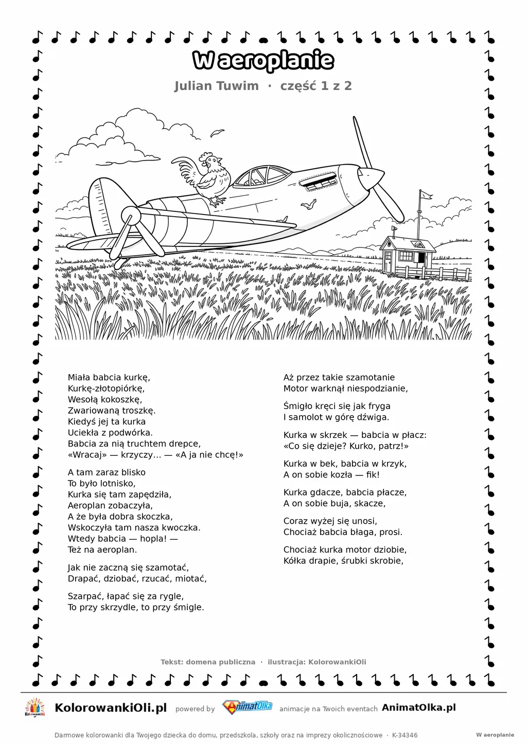 W aeroplanie (Julian Tuwim) — tekst wiersza i ilustracja do kolorowania (część 1 z 2), karta A4 do druku