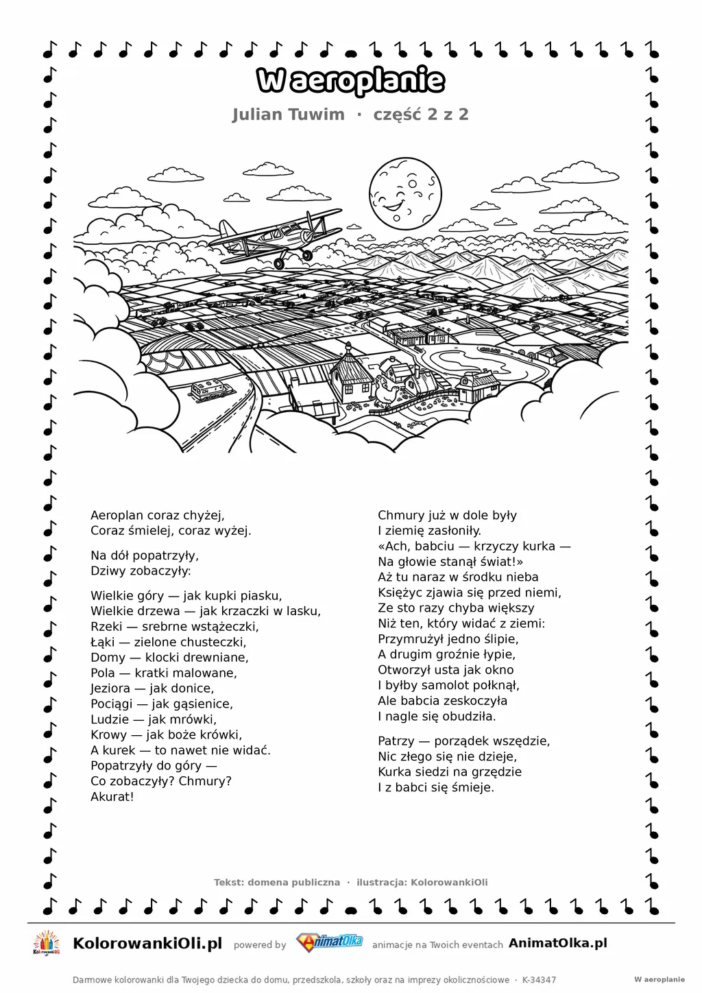 W aeroplanie (Julian Tuwim) — tekst wiersza i ilustracja do kolorowania (część 2 z 2), karta A4 do druku