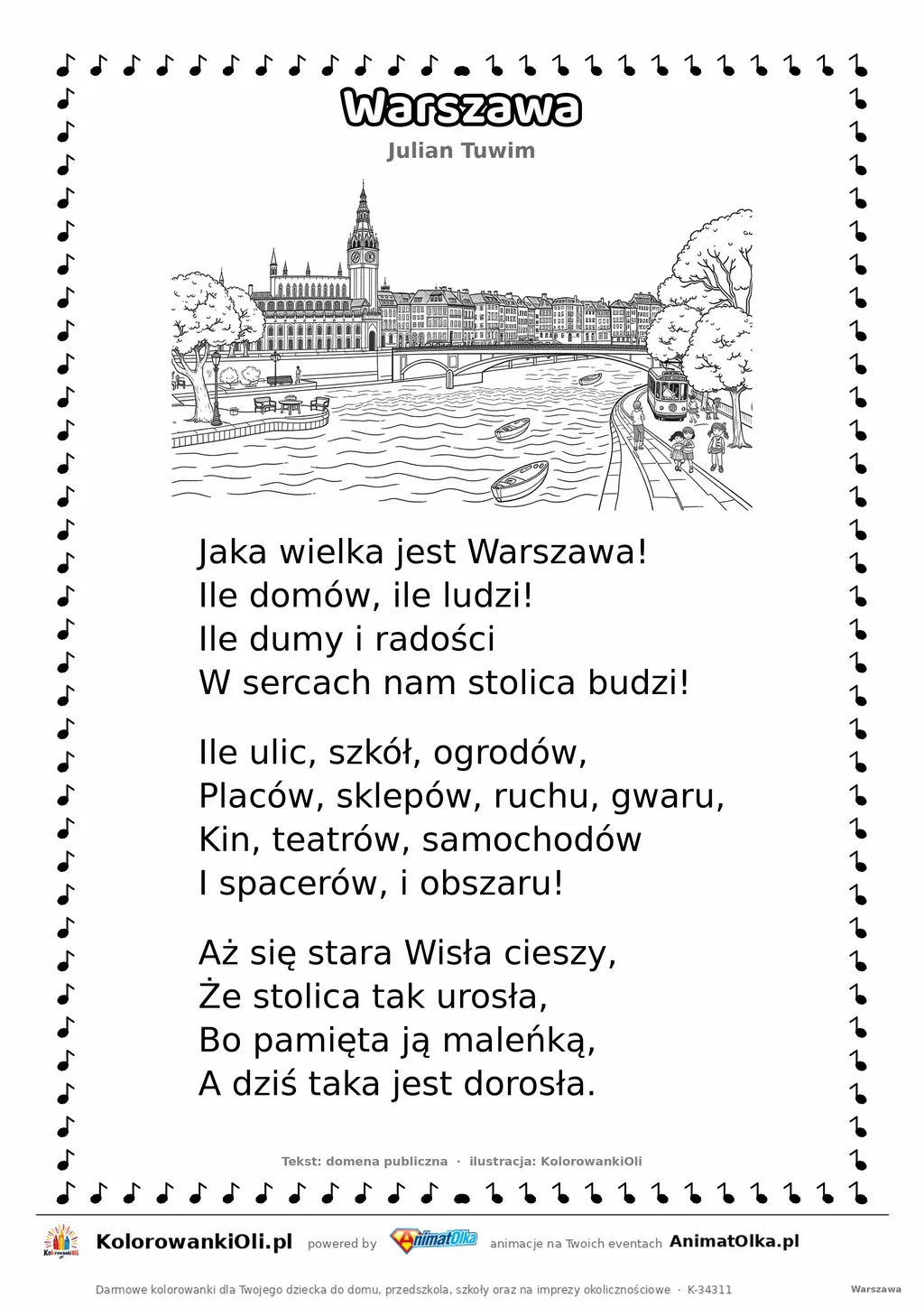 Warszawa (Julian Tuwim) — tekst wiersza i ilustracja do kolorowania, karta A4 do druku