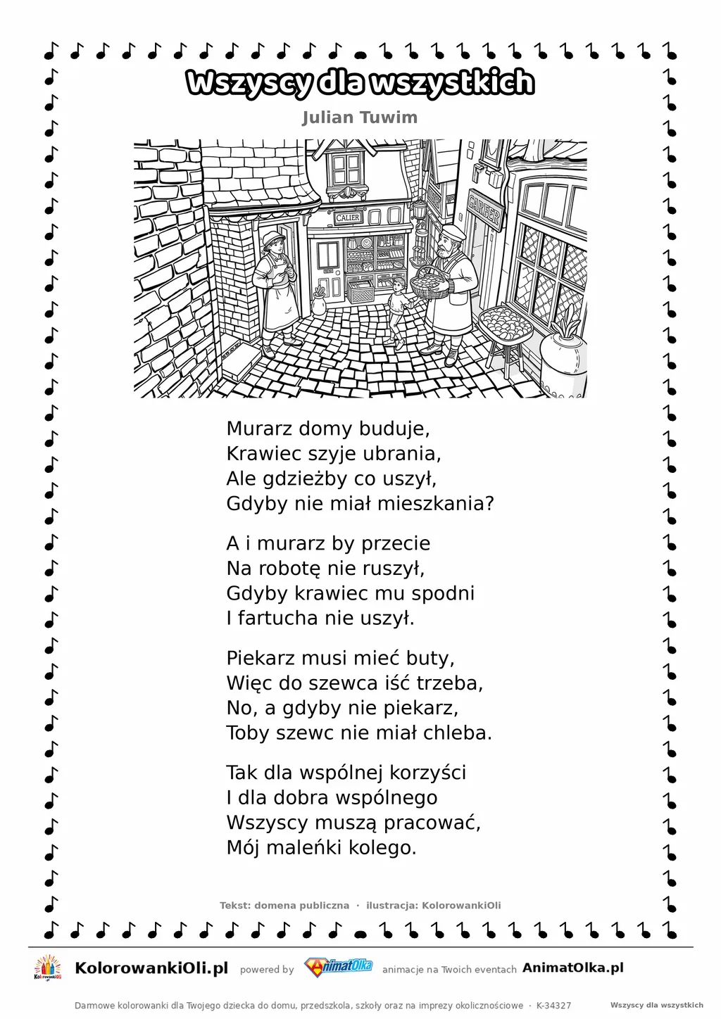 Wszyscy dla wszystkich (Julian Tuwim) — tekst wiersza i ilustracja do kolorowania, karta A4 do druku