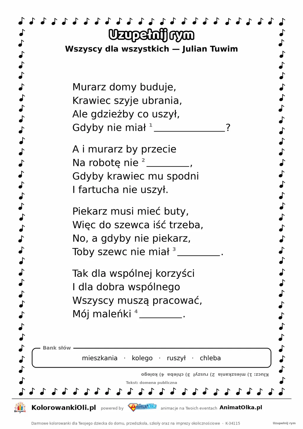 Uzupełnij rym — Wszyscy dla wszystkich (Julian Tuwim): karta pracy z lukami w rymach, A4