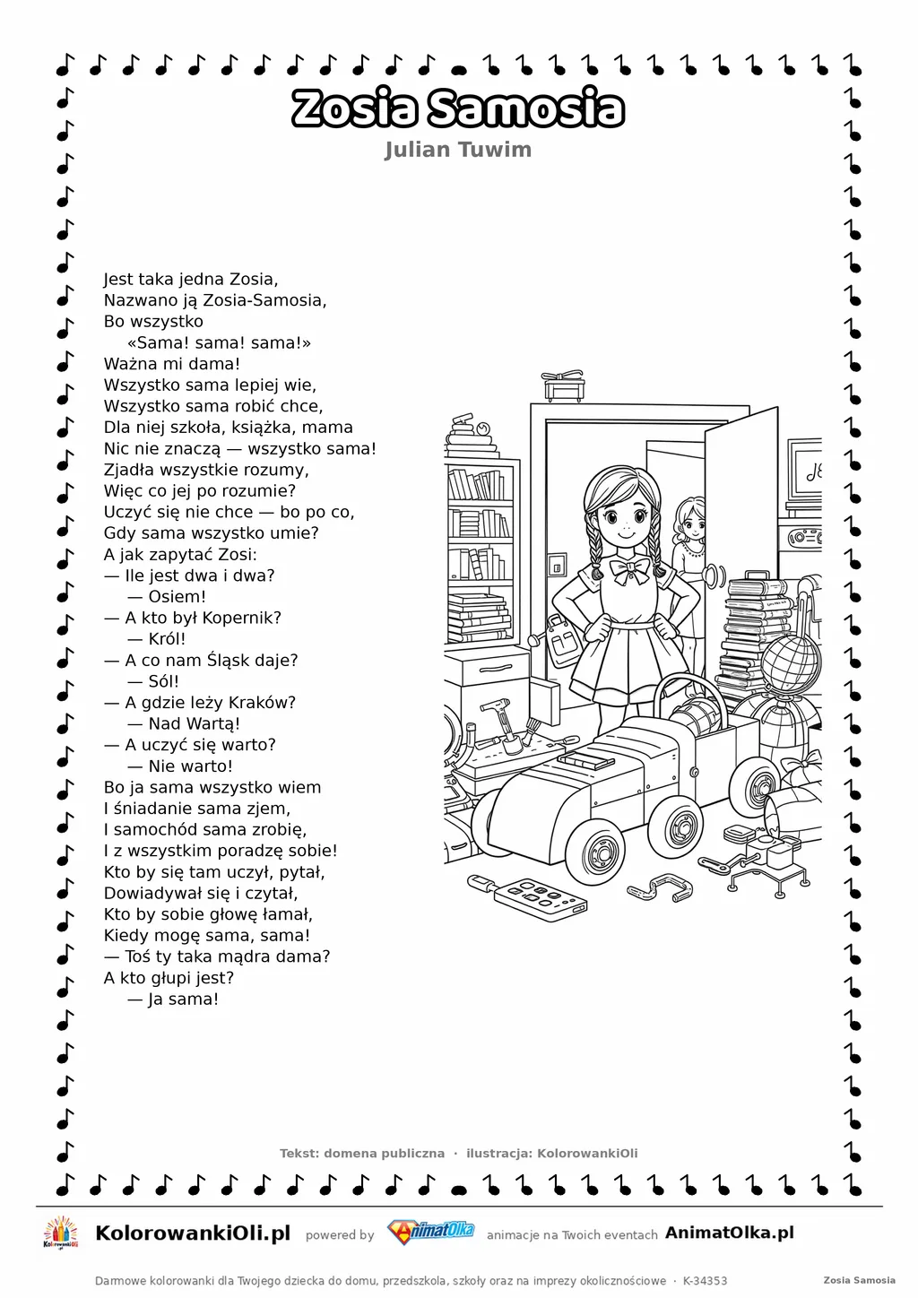 Zosia Samosia (Julian Tuwim) — tekst wiersza i ilustracja do kolorowania, karta A4 do druku