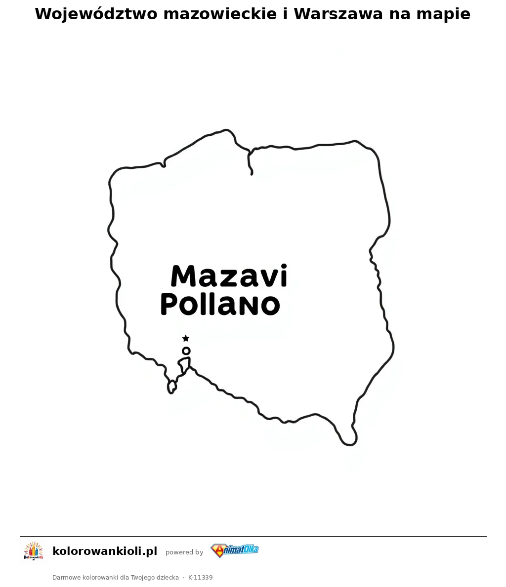 Województwo mazowieckie i Warszawa na mapie — kolorowanka do wydruku dla dzieci