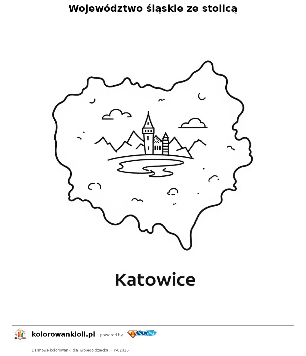 Województwo śląskie ze stolicą — kolorowanka do wydruku dla dzieci