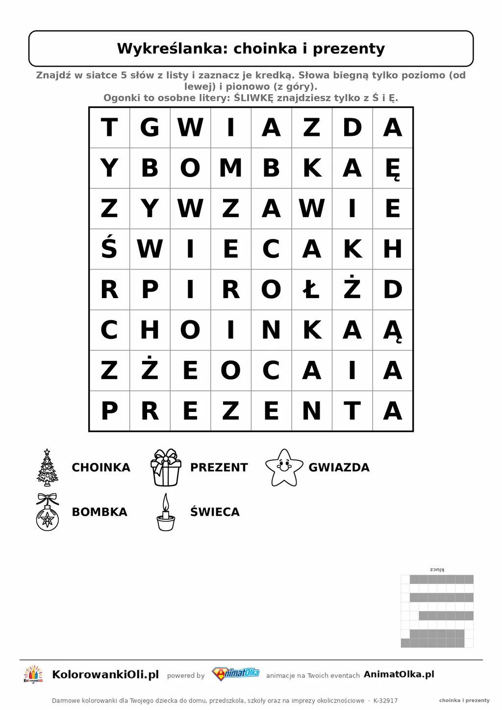 Wykreślanka choinka i prezenty do druku — poziom 1, siatka 8×8, 5 słów z obrazkami, klucz do góry nogami