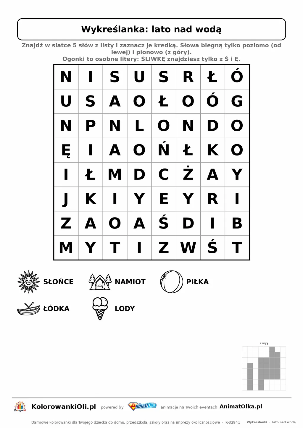 Wykreślanka lato nad wodą do druku — poziom 1, siatka 8×8, 5 słów z obrazkami, klucz do góry nogami