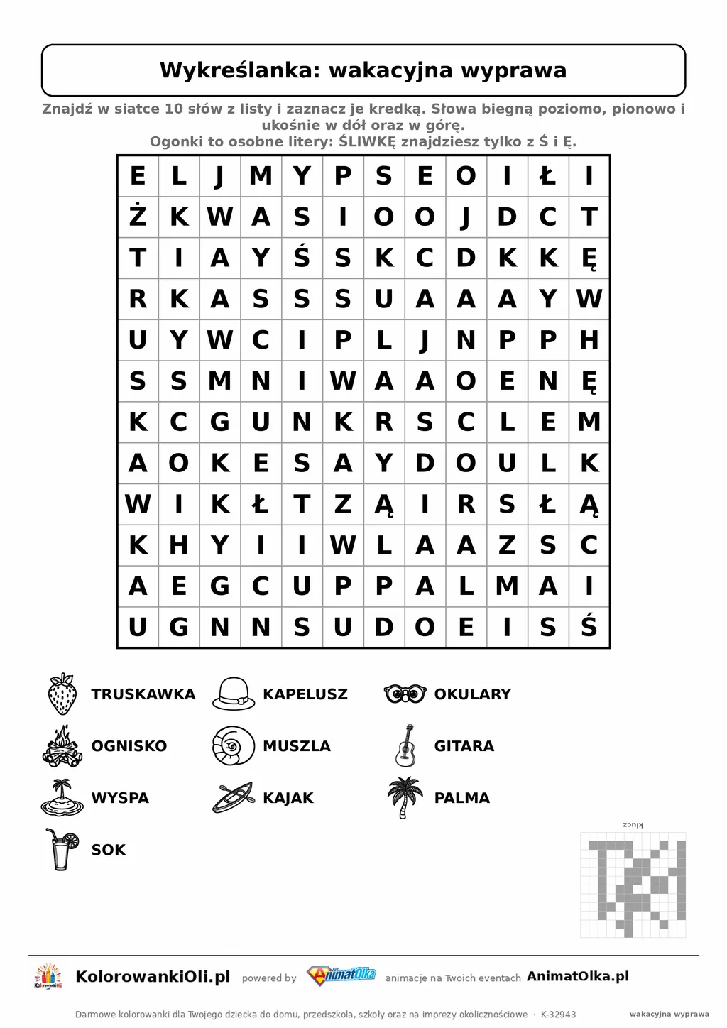 Wykreślanka wakacyjna wyprawa do druku — poziom 3, siatka 12×12, 10 słów z obrazkami, klucz do góry nogami