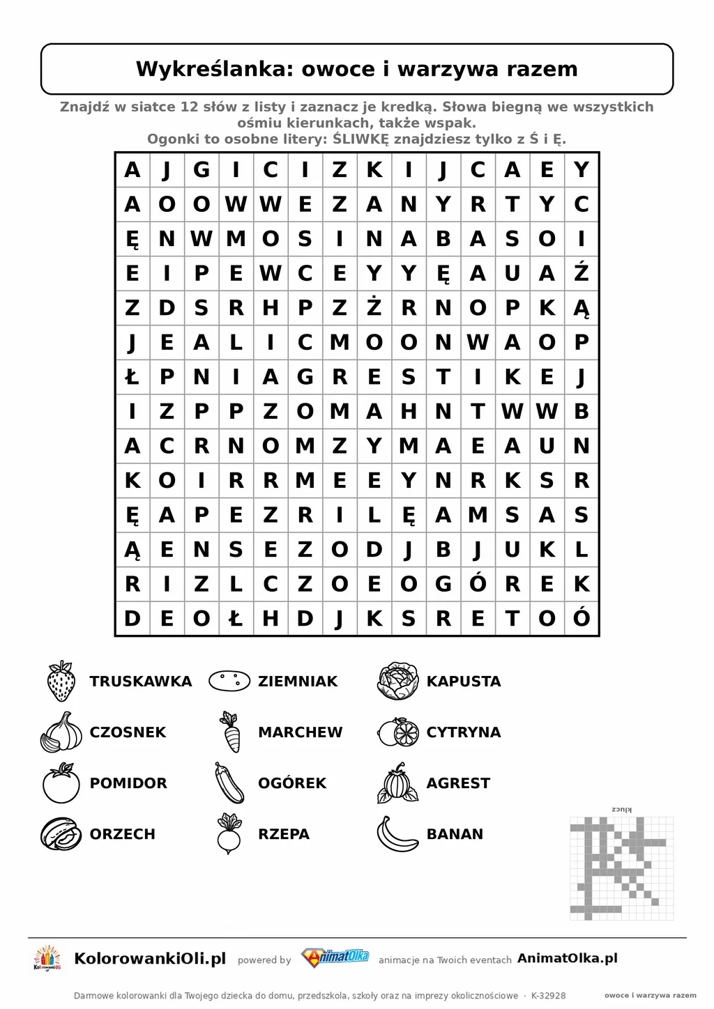 Wykreślanka owoce i warzywa razem do druku — poziom 4, siatka 14×14, 12 słów z obrazkami, klucz do góry nogami