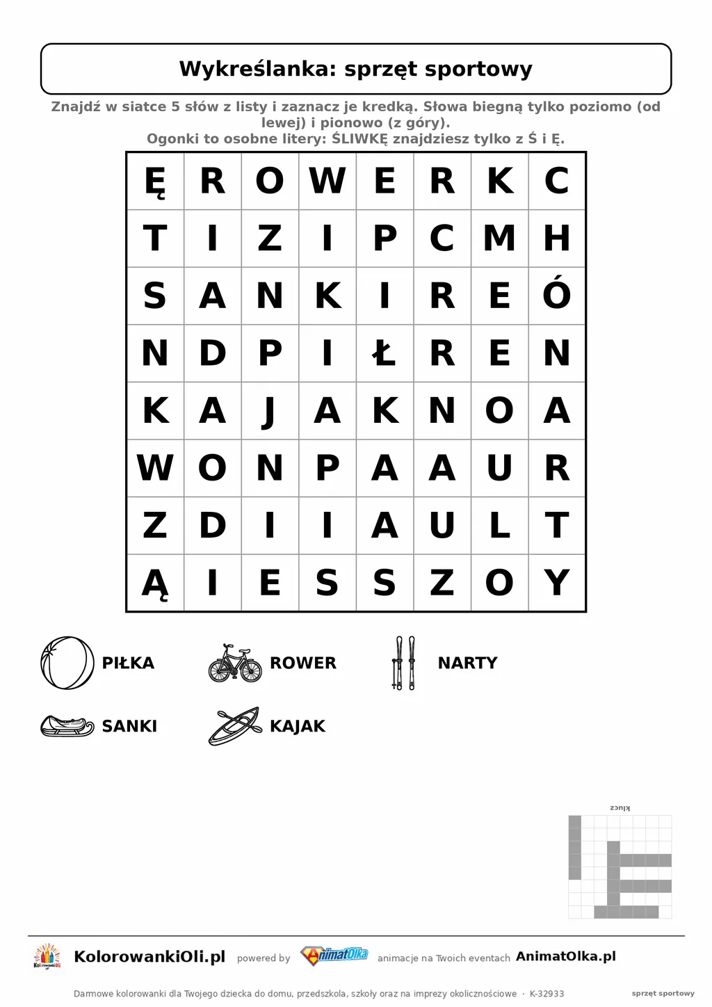 Wykreślanka sprzęt sportowy do druku — poziom 1, siatka 8×8, 5 słów z obrazkami, klucz do góry nogami